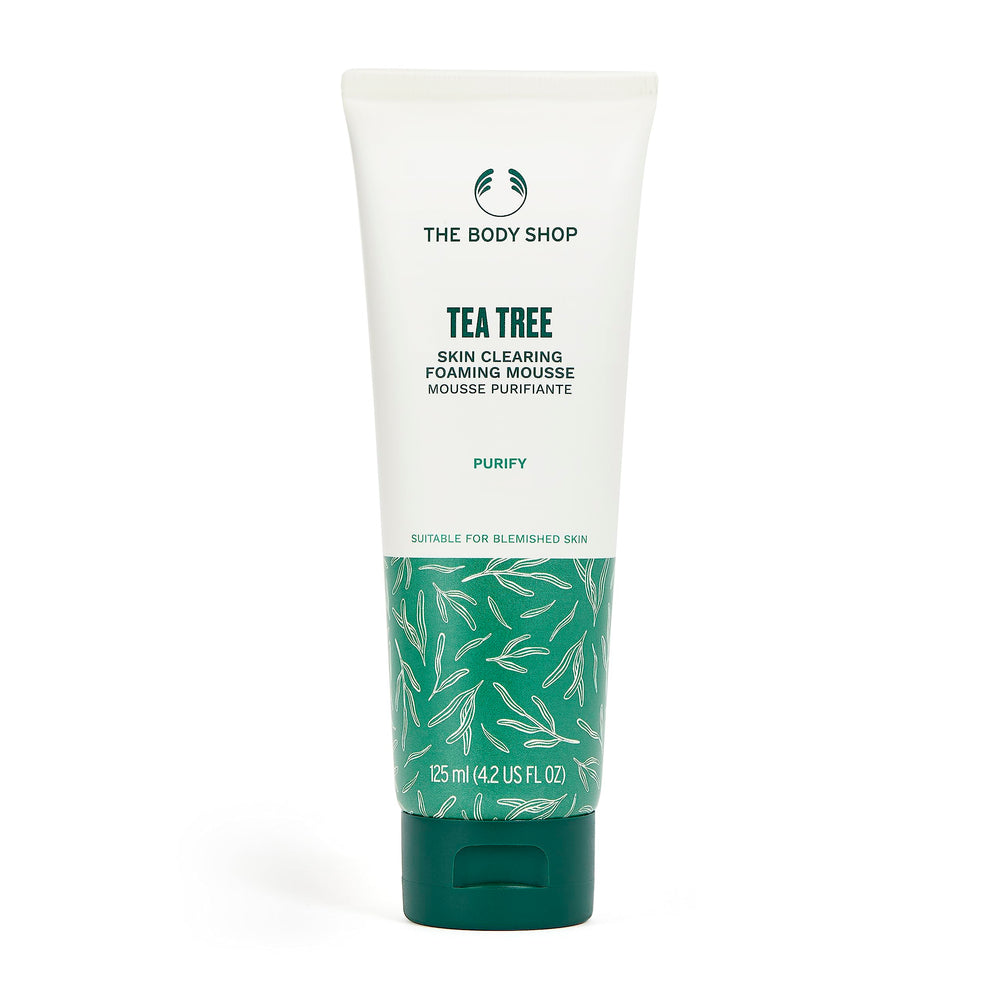 The Body Shop Tea Tree skin-clearing foaming cleanser bottle shows oil-control for blemish-prone skin.