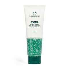The Body Shop Tea Tree skin-clearing foaming cleanser bottle shows oil-control for blemish-prone skin.