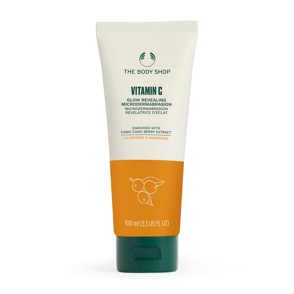 The Body Shop Vitamin C Glow Boosting Microdermabrasion tube for at-home radiance boost
