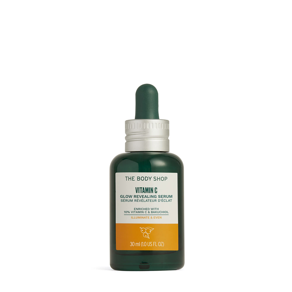 The Body Shop Vitamin C Glow Revealing Serum bottle close-up for brightening routine