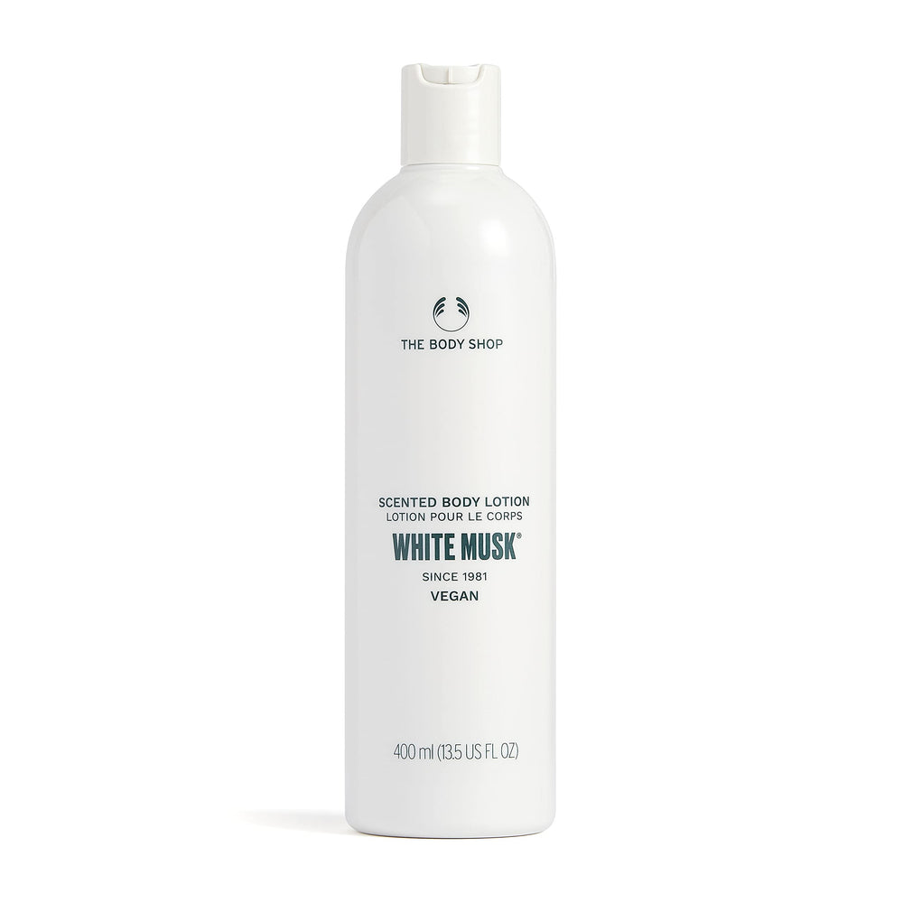 The Body Shop White Musk Body Lotion bottle provides lightweight hydration and a soft floral fragrance.