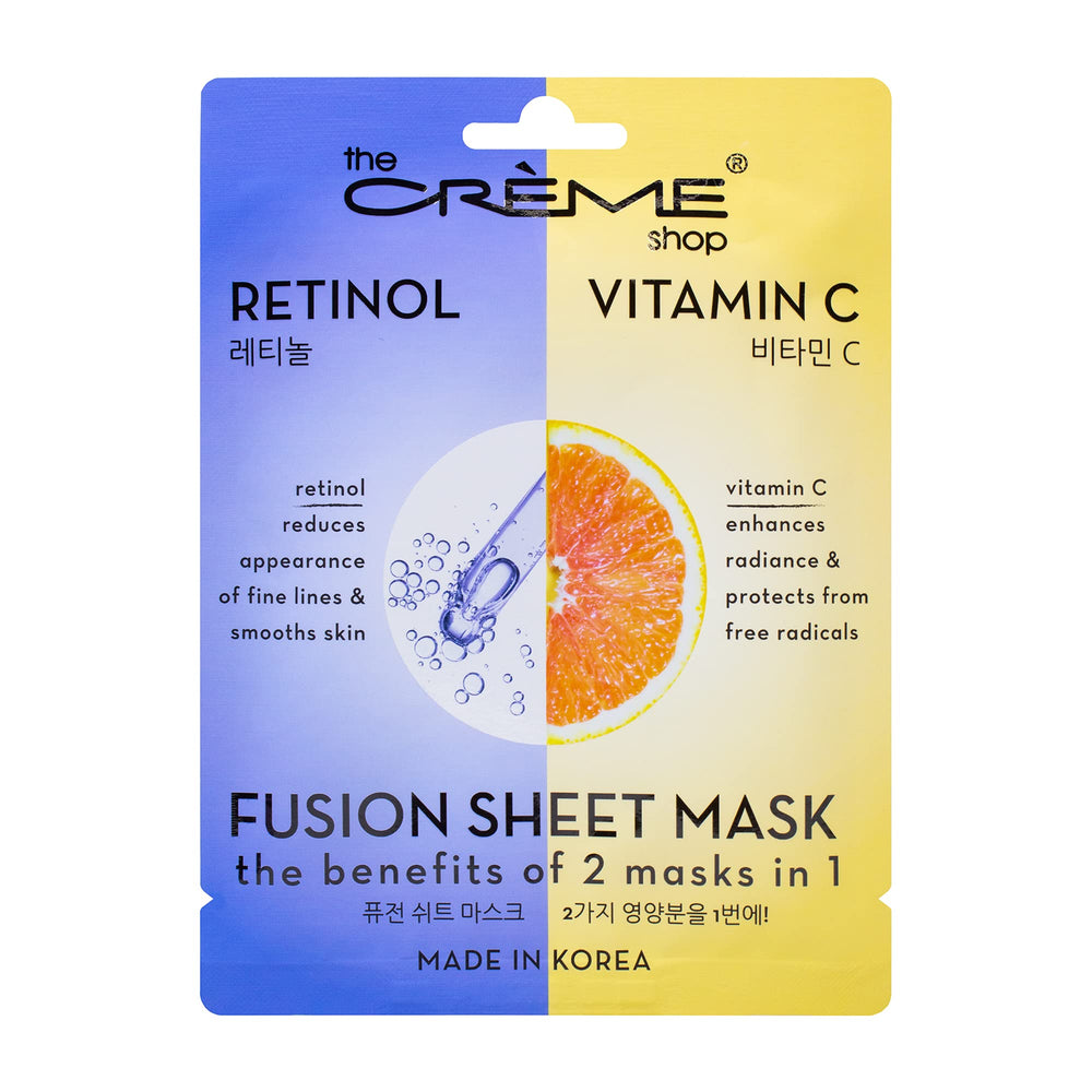 The Crème Shop retinol vitamin C fusion sheet mask pack front boosts brightening potential and vegan formula