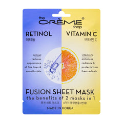 The Crème Shop retinol vitamin C fusion sheet mask pack front boosts brightening potential and vegan formula