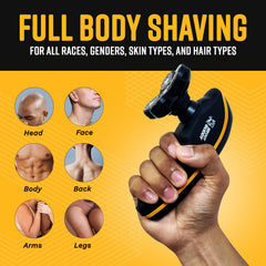 The Cut Buddy 5-blade rotary head prominently displayed for coarse-hair shaving.