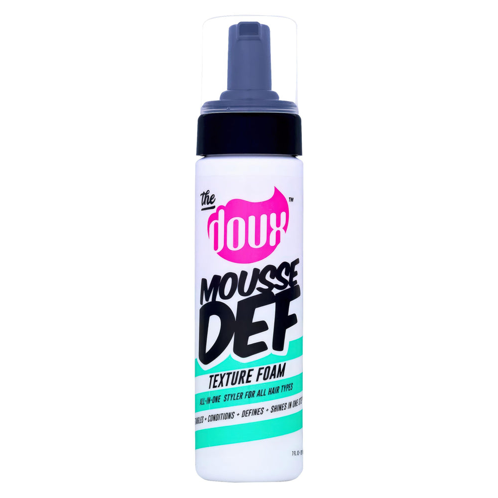 The Doux multi-use mousse bottle-dispense enables quick curl styling.
