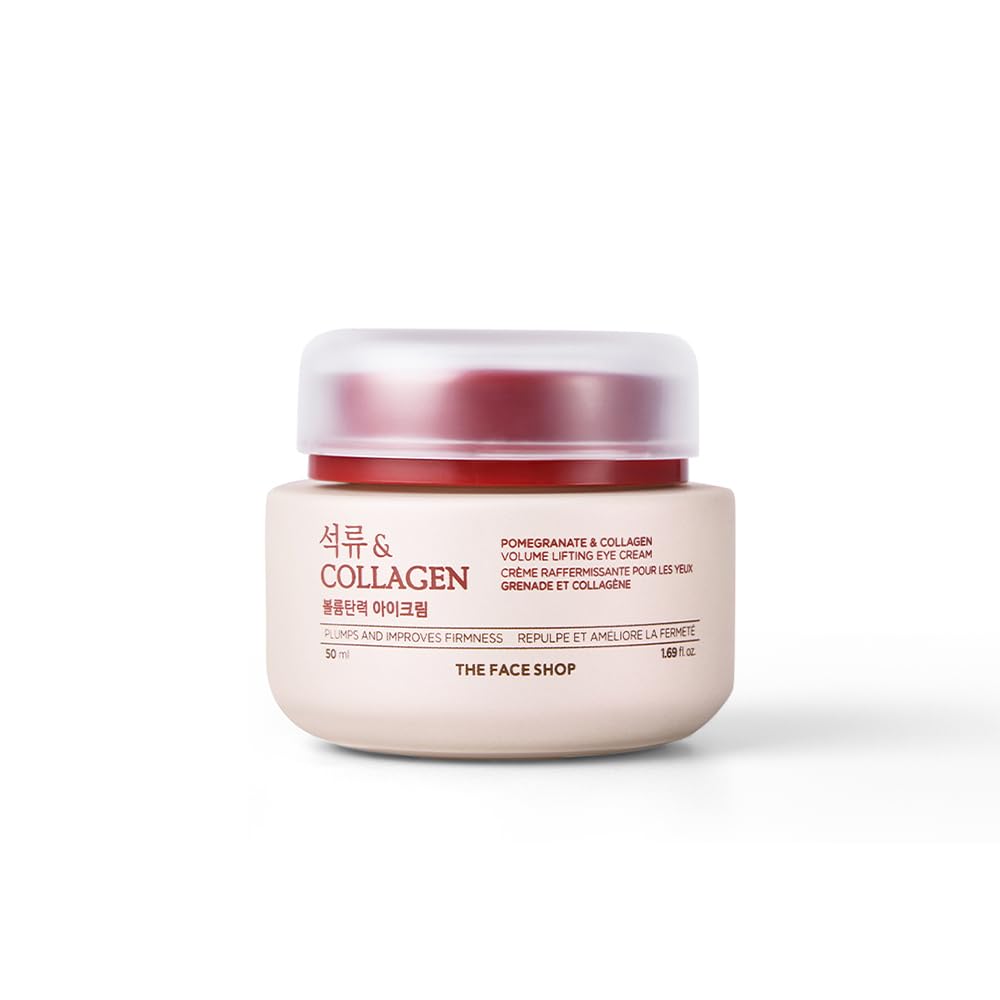 The Face Shop Pomegranate Collagen Eye Cream bottle highlighting hydrating lifting benefits.