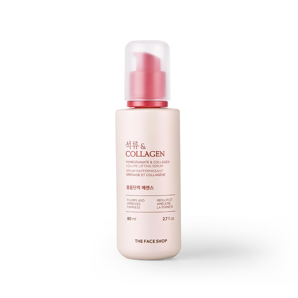 The Face Shop Pomegranate Collagen Serum bottle close-up for firming hydration.