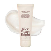 The Face Shop Rice Water Bright cleanser bottle close-up shows gentle exfoliation for smoother skin.