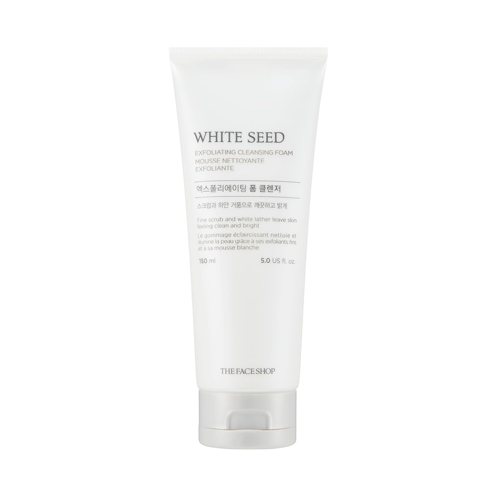 The Face Shop White Seed Exfoliating Cleansing Foam packaging image demonstrates gentle daily cleansing.