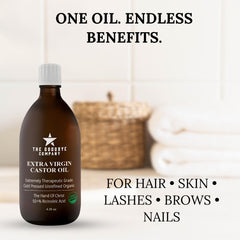 Close-up of The Goodbye Company castor oil in amber bottle highlighting purity