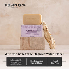 The Grandpa Soap Company Witch Hazel Bar organic illustration signaling natural cleansing properties.