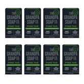 The Grandpa Soap Company pine tar bar soap packaging highlights all-over cleansing and versatility.