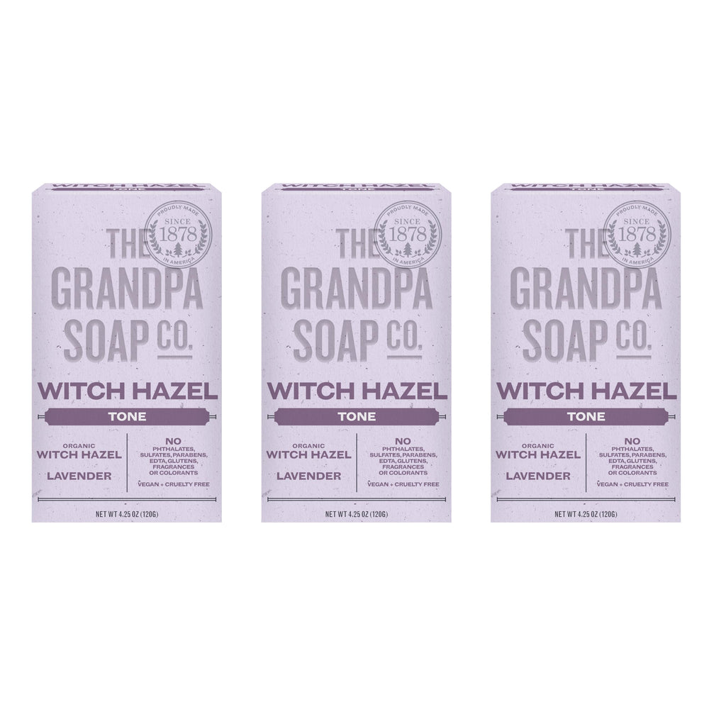 The Grandpa Soap Company Witch Hazel Bar Lavender pour for soothing cleansing and gentle toning.