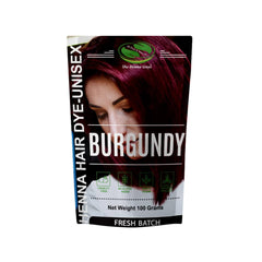 The Henna Guys burgundy hair color bottle shows a rich natural shade.