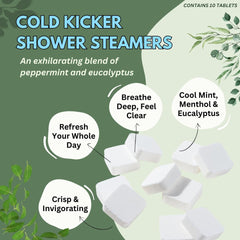 The Herbal Zen Cold Kicker shower steamers close-up emphasizes peppermint and eucalyptus aromatherapy.