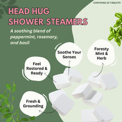 The Herbal Zen Head Hug Shower Steamer tablet closeup highlights peppermint aroma.