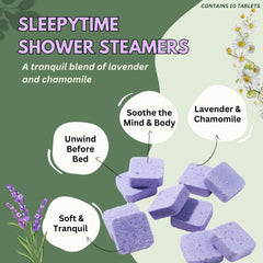 The Herbal Zen lavender shower steamer closeup shows lavender aroma and natural ingredients.