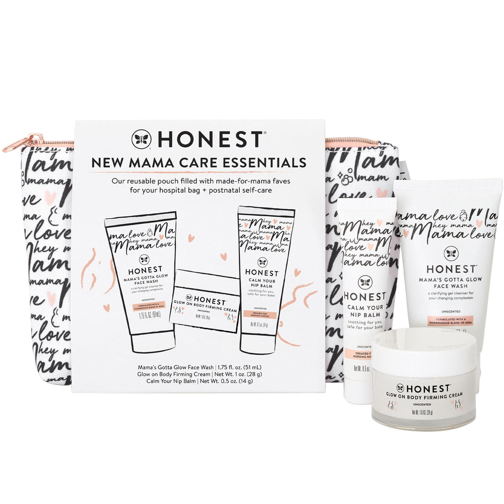 The Honest Company New Mama Care Essentials gift set packaging in a reusable pouch for on-the-go postnatal care