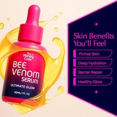 The Honey Code Bee Venom Serum texture close-up shows lightweight, fast-absorbing hydration.