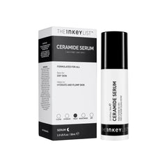 The INKEY List Ceramide Serum with hyaluronic acid swirls on skin-like surface.