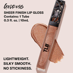 The Lip Bar Goddess gloss wand applicator demonstrates precise, sheer color for everyday wear.