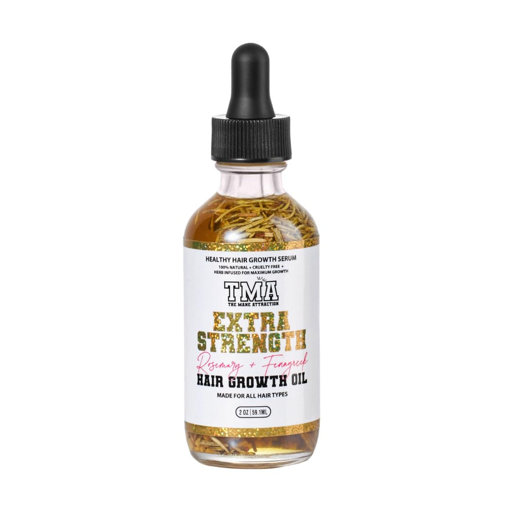 The Mane Attraction extra-strength rosemary-fenugreek oil bottle supports scalp nourishment.