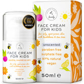 The Natural and Organic Family Kids Face Cream bottle front shows fragrance-free hydration for sensitive skin.