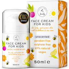 The Natural and Organic Family Kids Face Cream bottle front shows fragrance-free hydration for sensitive skin.