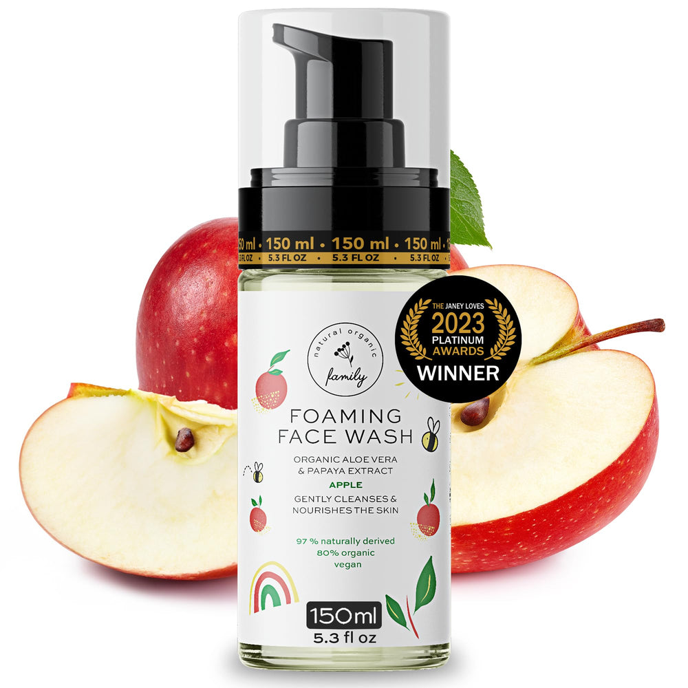 The Natural and Organic Family Kids Foaming Face Wash pump shot demonstrates gentle cleansing for tween skin.