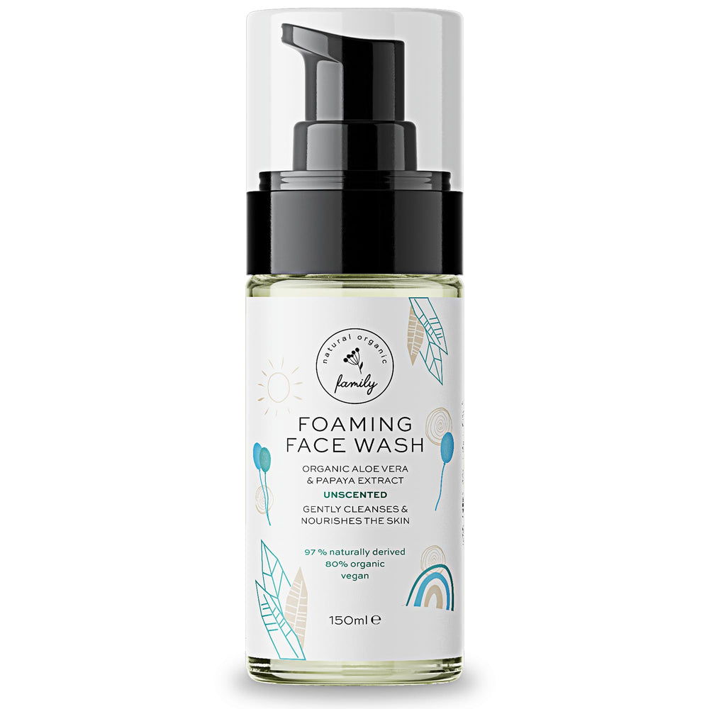 The Natural and Organic Family unscented foaming face wash bottle for kids gentle cleansing.
