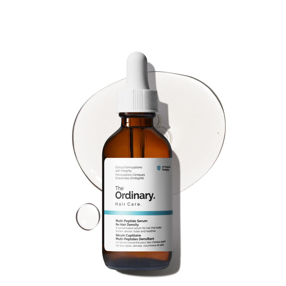 The Ordinary Hair Density Serum bottle on display highlighting peptide-powered care for fuller-looking hair.
