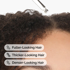 Serum applied on scalp with visible hair strands for a thicker appearance.