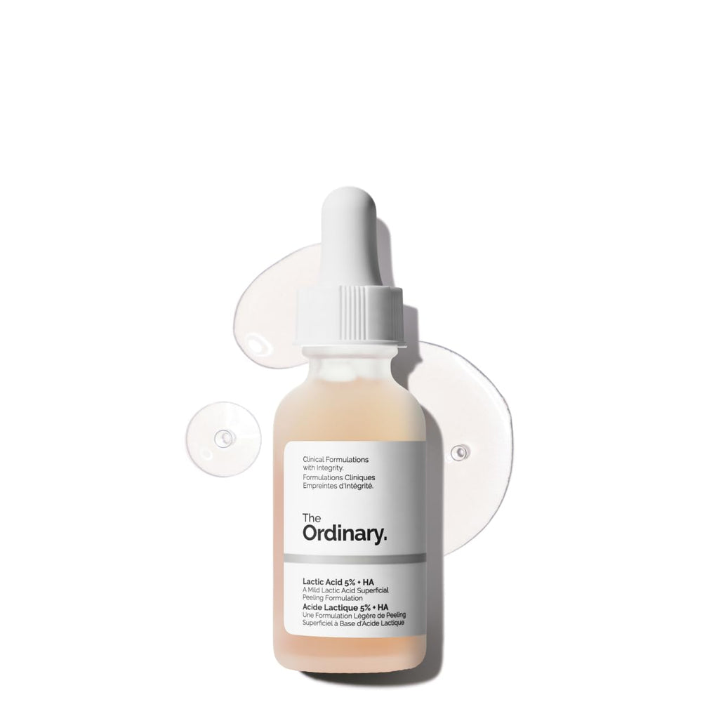 The Ordinary Lactic Acid 5% + HA bottle closeup highlights gentle exfoliation for smoother skin.