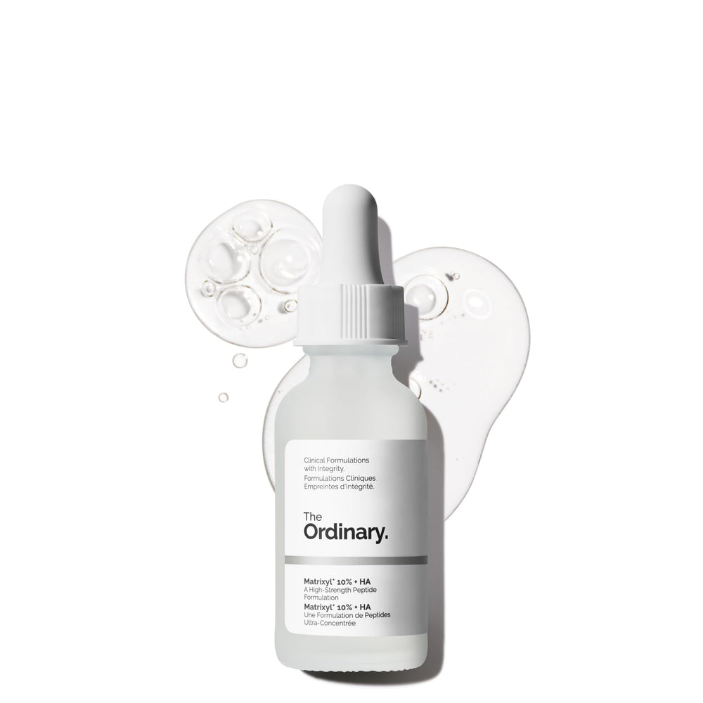 The Ordinary Matrixyl 10% + HA serum bottle close-up highlighting firming hydration.