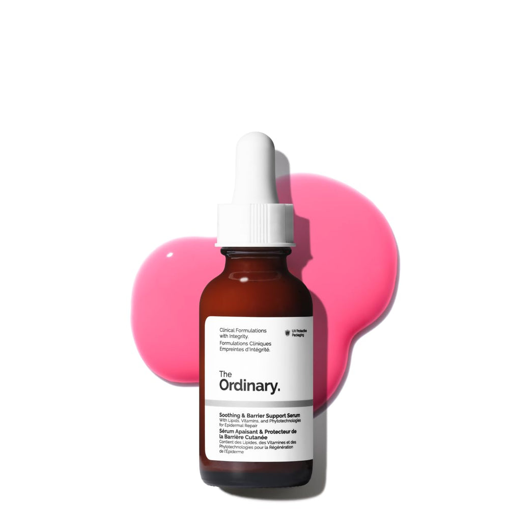 The Ordinary Soothing & Barrier Serum bottle close-up highlighting hydration boost.