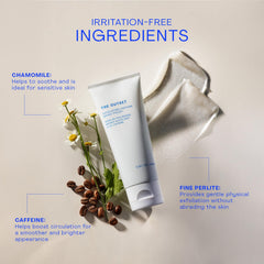 The Outset Exfoliating Caffeine Micro Polish hand-application shot suggests quick, controlled exfoliation routine.