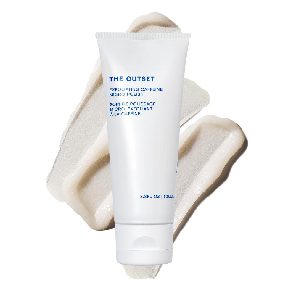 The Outset Exfoliating Caffeine Micro Polish packaging for daily use, fragrance-free.