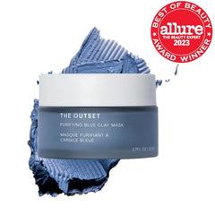 The Outset Purifying Blue Clay Mask bottle label emphasizes vegan, gluten-free claims and clean ingredients.