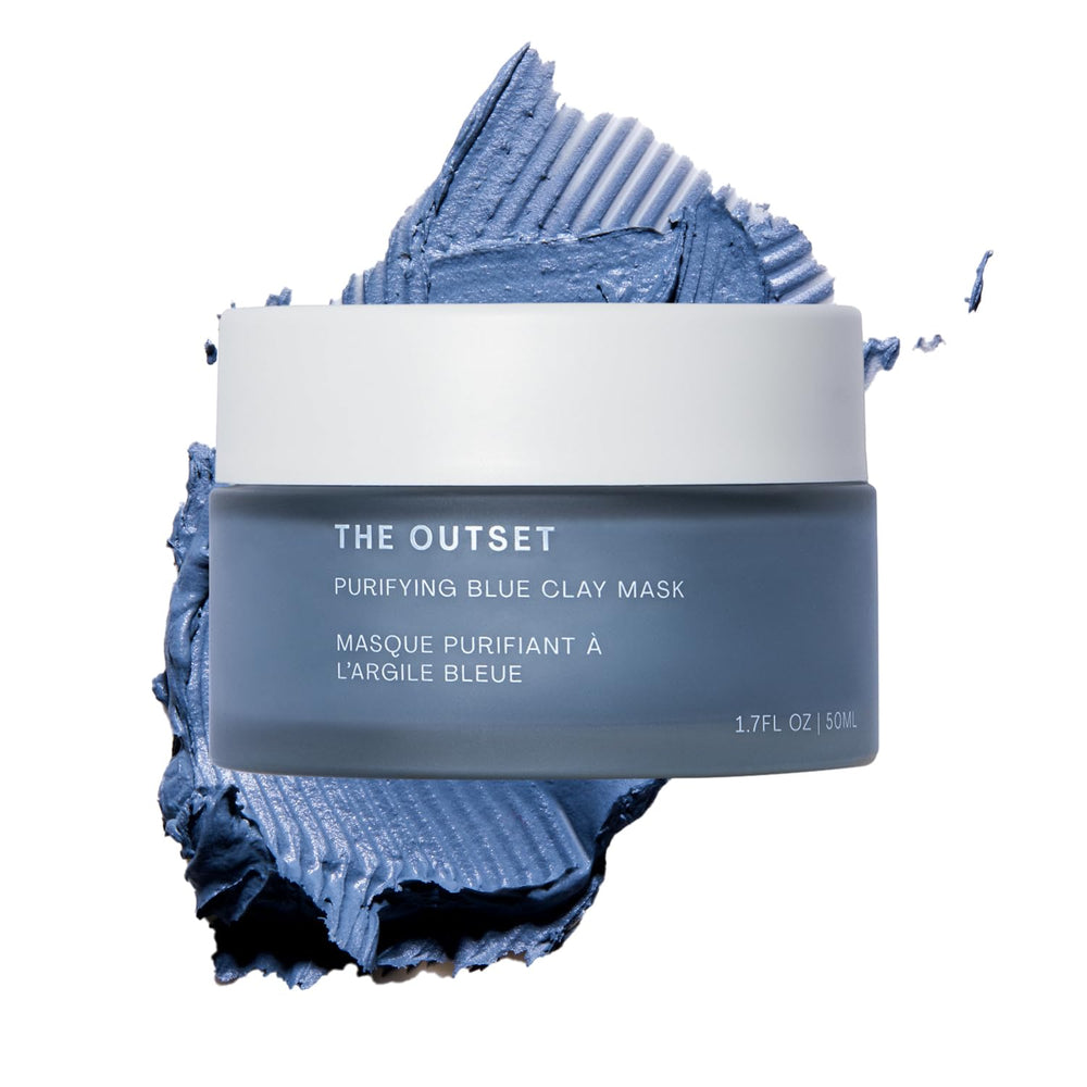 The Outset Purifying Blue Clay Mask jar closeup highlights fragrance-free formula for sensitive skin.