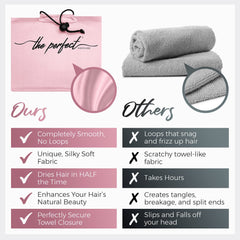 THE PERFECT HAIRCARE microfiber towel wrap shown for fast drying after shower