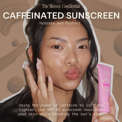 The Skinny Confidential tinted sunscreen closeup highlights the subtle tint blending into skin tones.