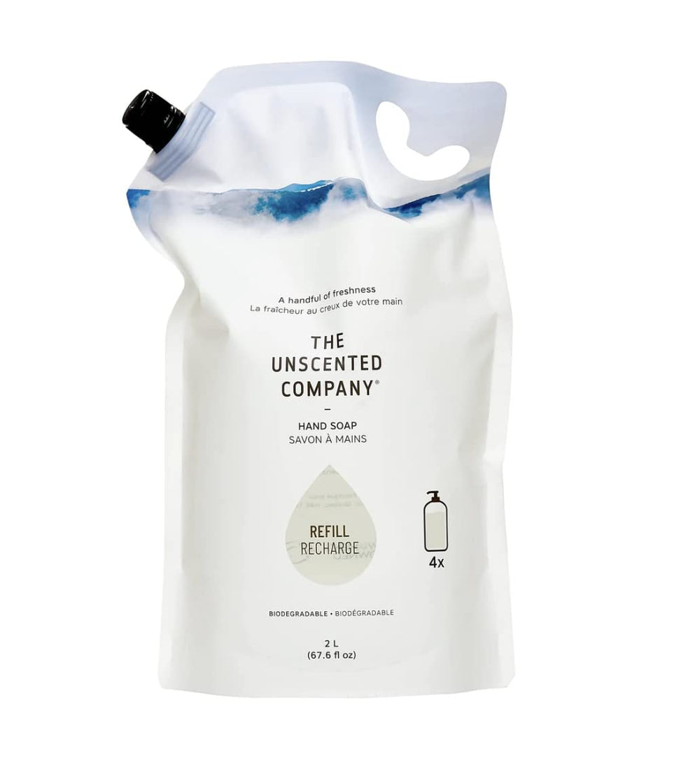 The Unscented Company hand soap refill bag close-up highlighting fragrance-free, plastic-reducing refill option.
