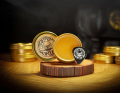 The Vintage Grooming Co. Death Grip apply to moustache for all-day control.