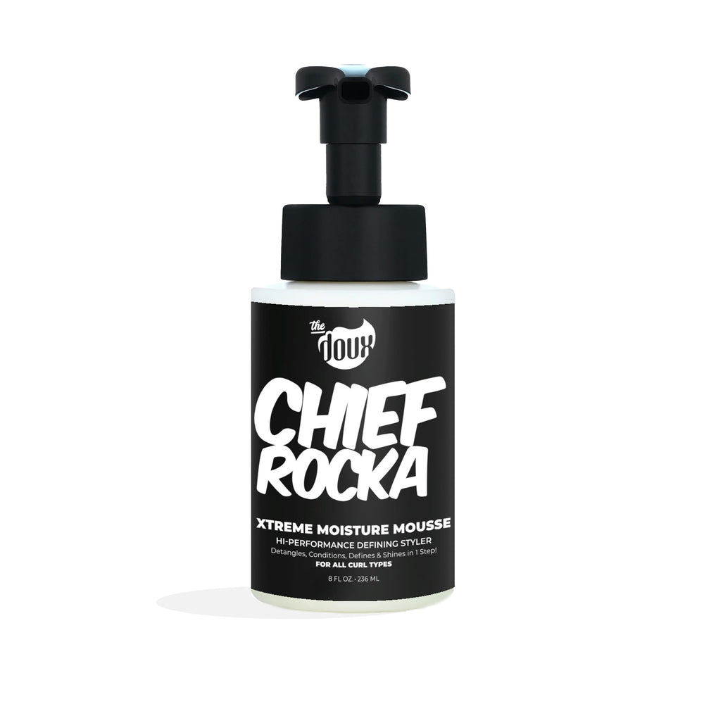 The Doux Chief Rocka Mousse bottle promotes hydration and frizz control for defined curls.