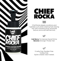 The Doux Chief Rocka Mousse curls with defined texture and bounce.