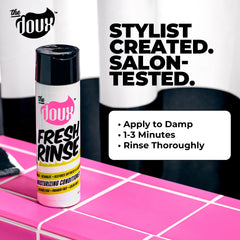 The Doux Fresh Rinse applied to curly hair demonstrates detangling and moisture.
