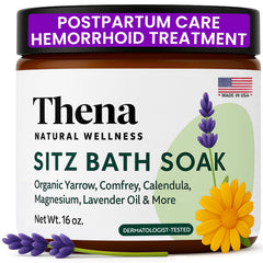 THENA Sitz Bath Soak packaging shows postpartum care convenience.