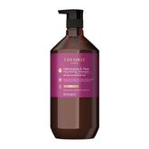 Theorie Helichrysum and Plum Shampoo bottle pump front shows hydrating care for dry, overprocessed hair.