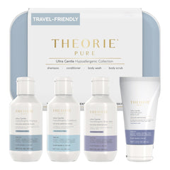 Theorie Pure travel shampoo bottle with fragrance-free formula for sensitive scalps and daily cleansing.