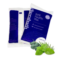 Therabath paraffin refill with blue wax for soothing hand and foot hydration.